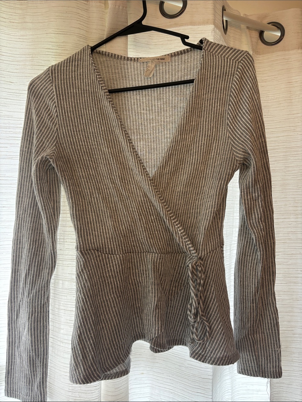 Caution To The Wind Taupe and White Striped V-Neck Wrap Sweater